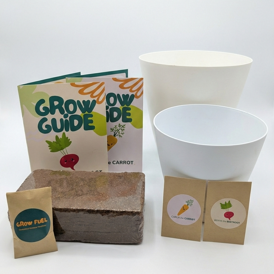 Set of gardening items including a seedling tray, grow guide, and small pots on a white background