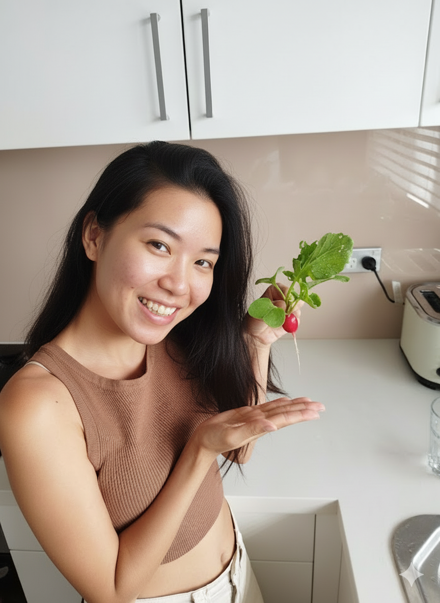 Woman holding a radish with leaves in a kitchen