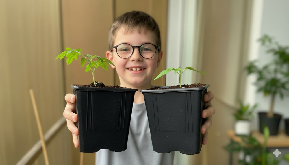 Child holding two black pots with seedlings indoors